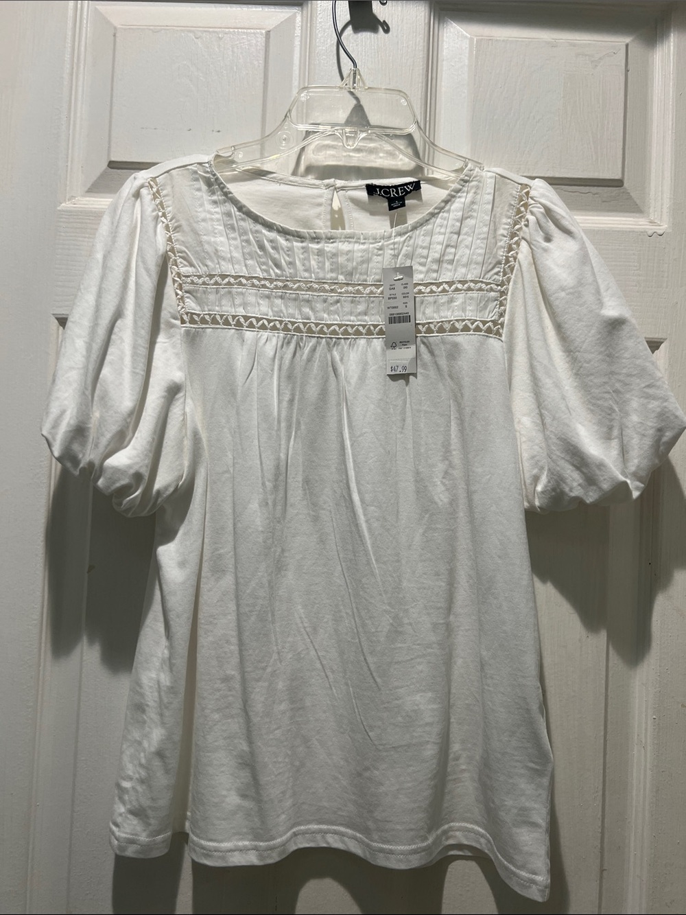 J. Crew White Pintuck Lace Yoke Puff-Sleeve Tee NWT